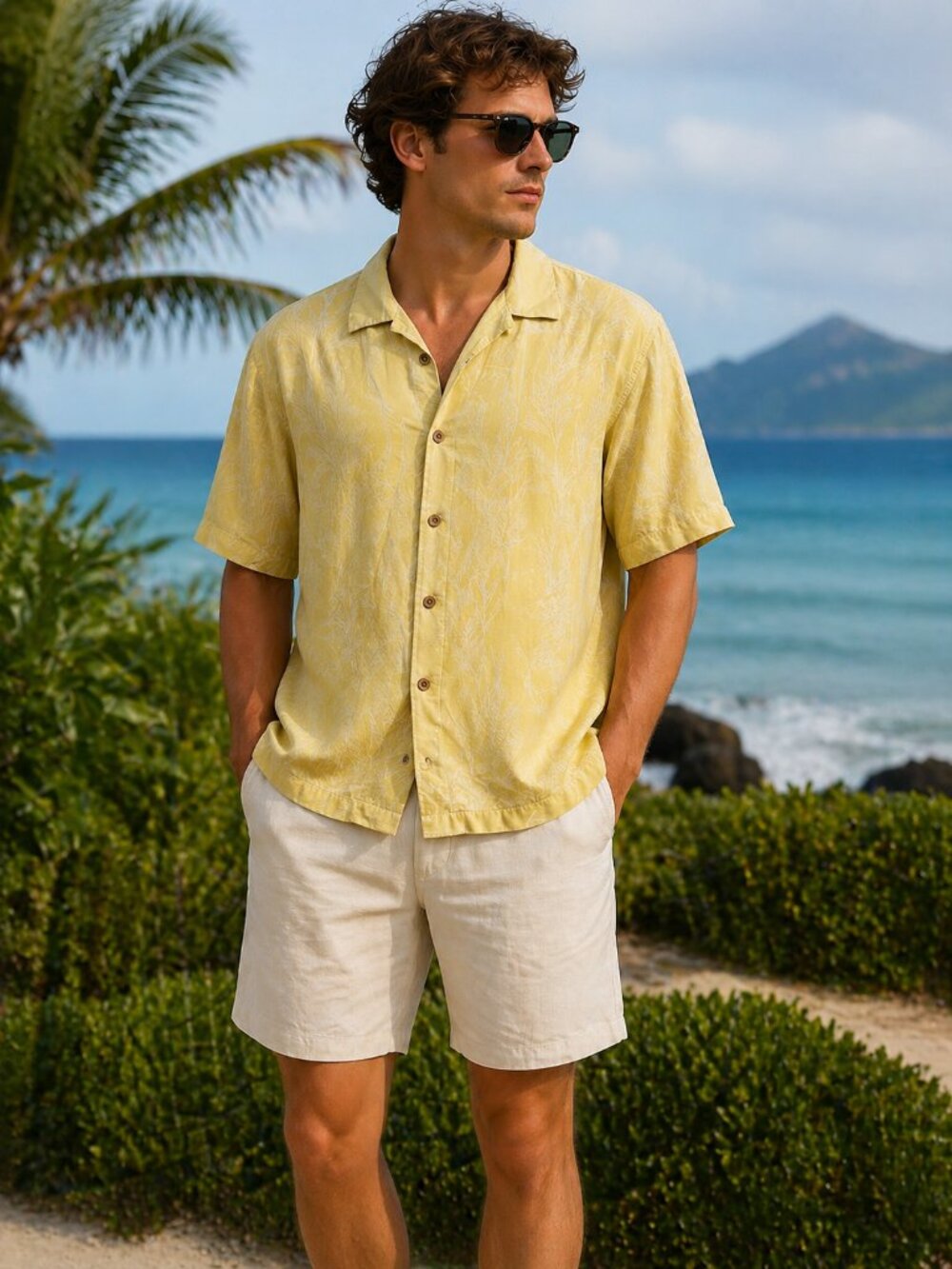 VTG 100% Silk Tommy Bahama Hawaiian Shirt Men’s L Yellow Camp Tropical Vacation